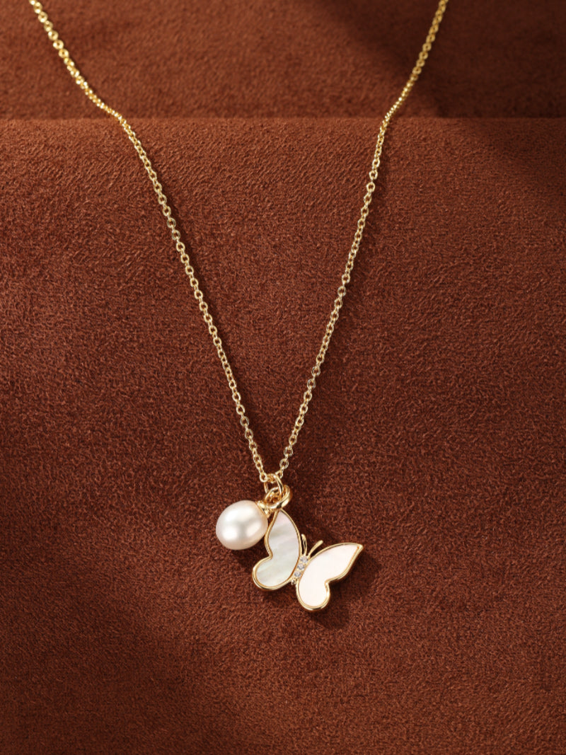Dream Flight - Freshwater Pearl Butterfly Charm Floating Necklace