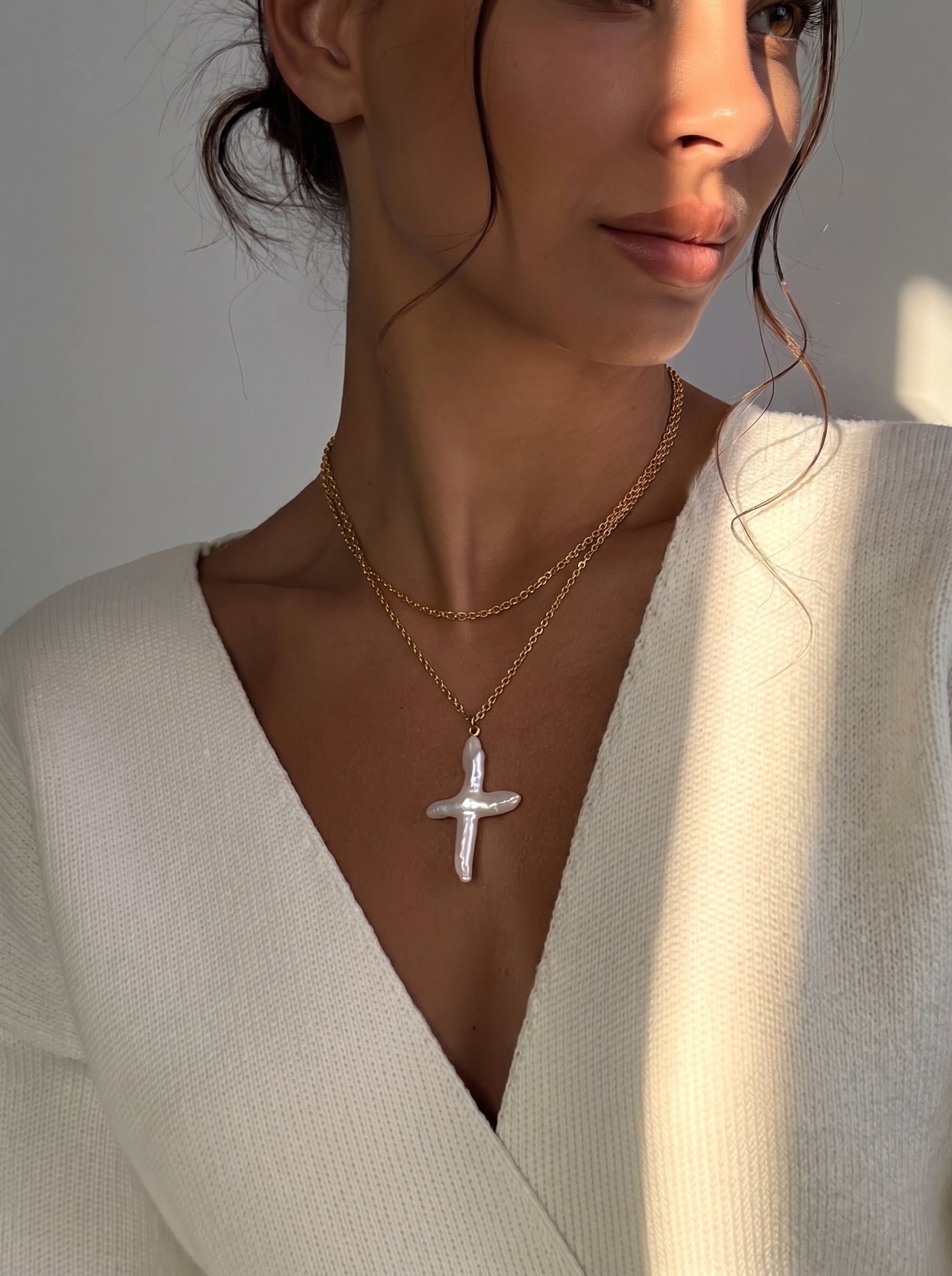 Aegis - Freshwater Pearl Cross Layered Large Necklaces