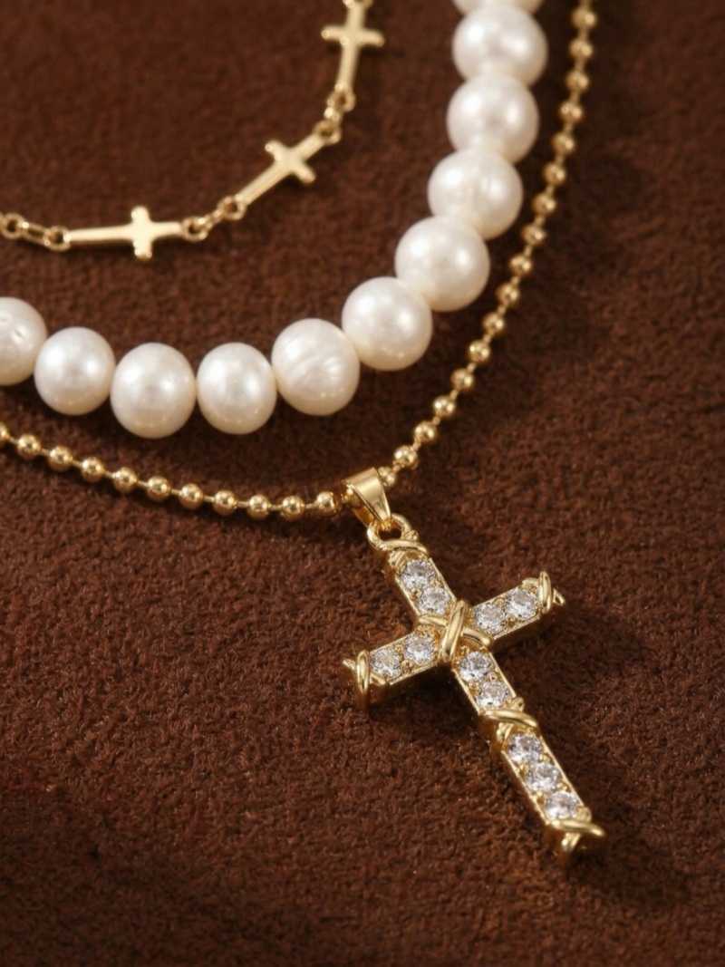 Sanctum - Collier superposé croix et perles de culture d'eau douce