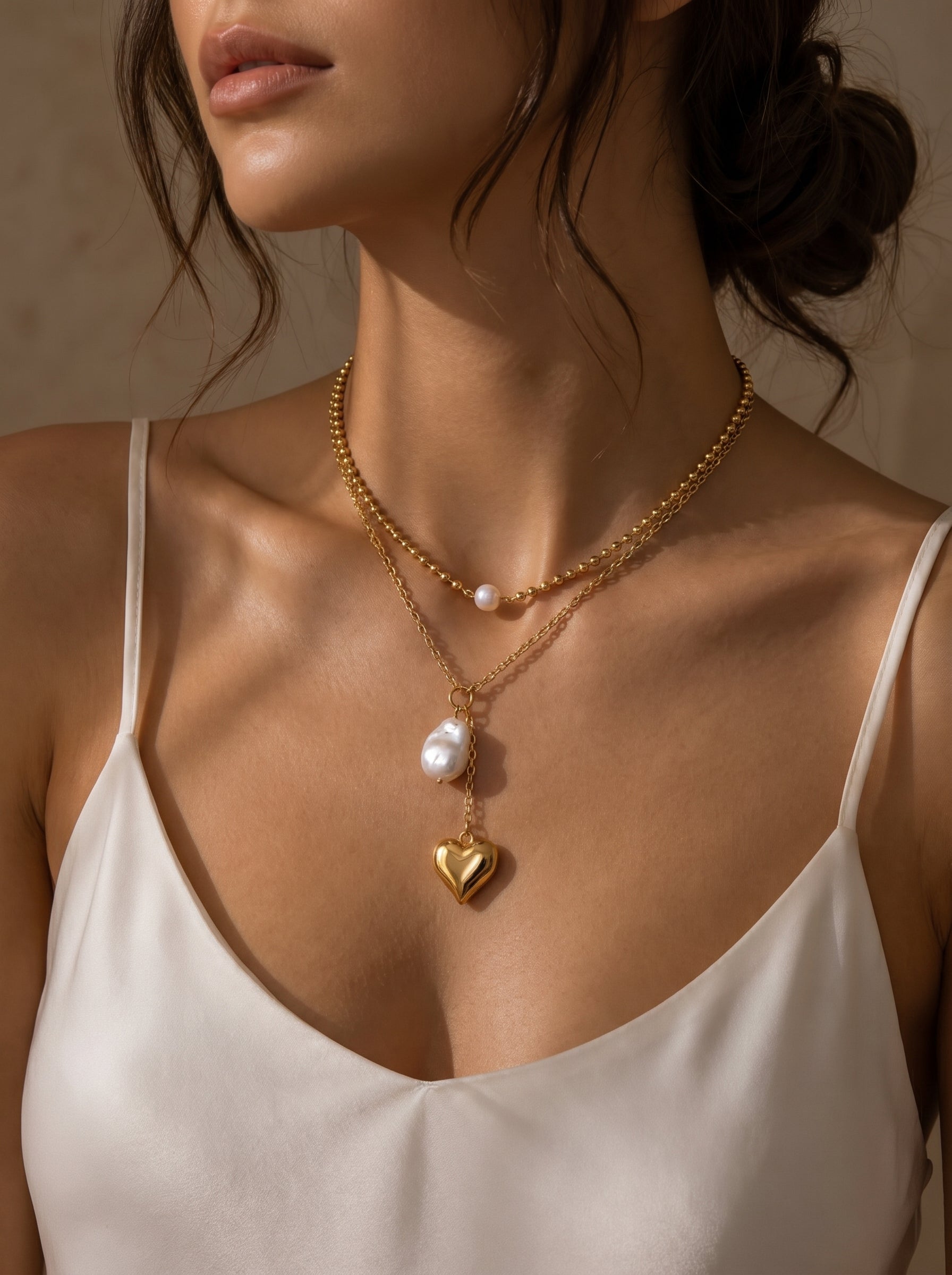 Gilded Muse - Freshwater Pearl Heart Layered Chain Necklace