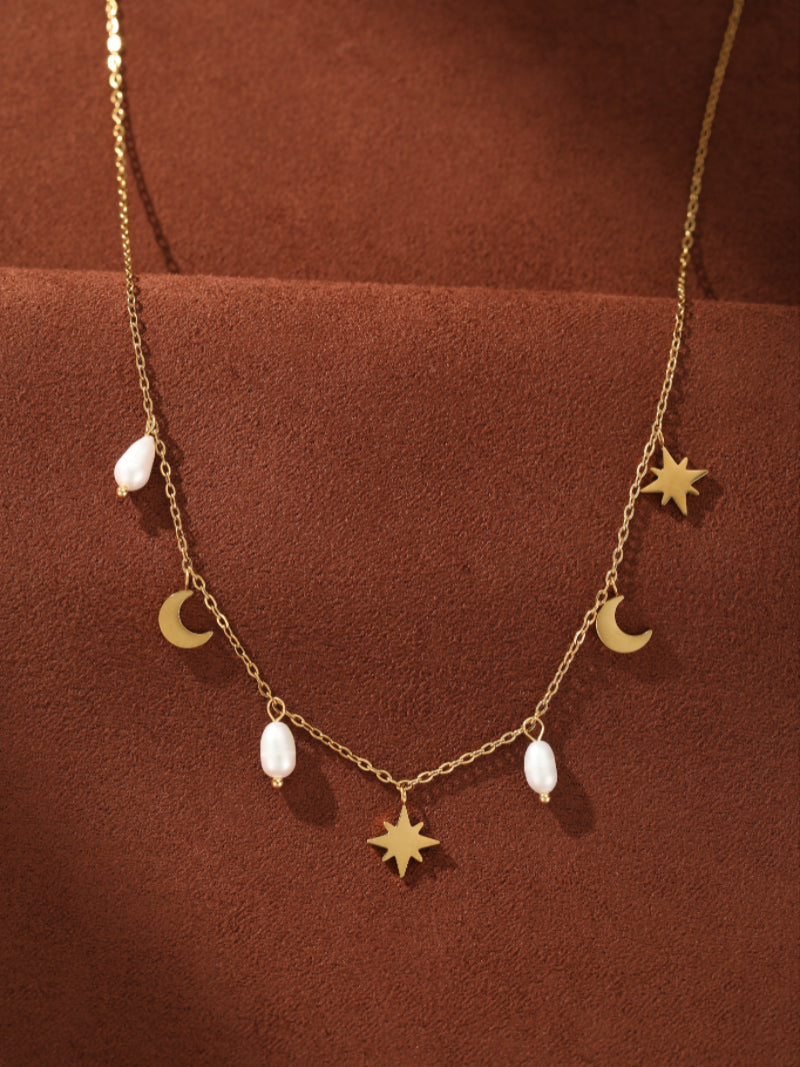 Cosmic Whisper - Freshwater Pearl Moon and Star Chain Necklaces