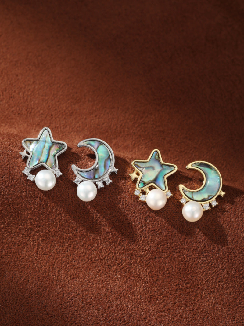 Orbit - Freshwater Pearl Moon and Star Stud Earrings