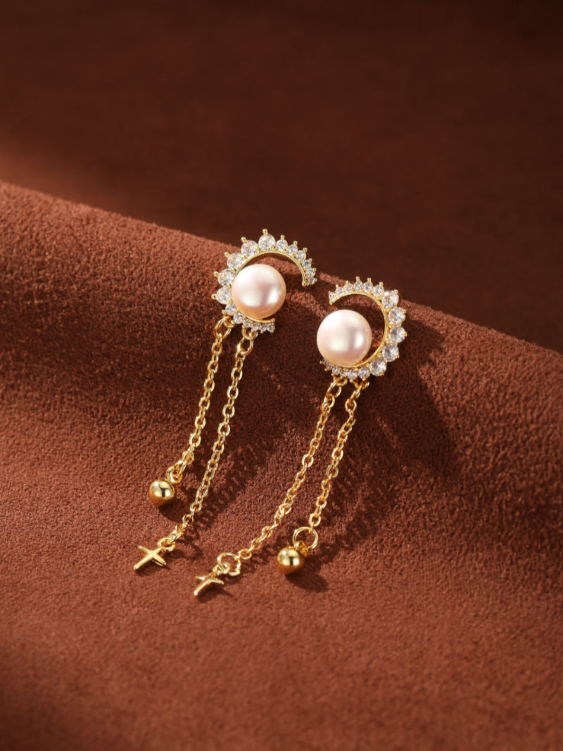 Moonlit - Freshwater Pearl Moon Dangle Earrings