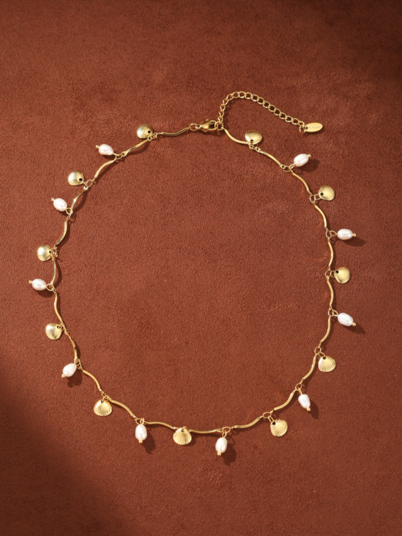 Wavelet - Freshwater Pearl Seashell Wavy Chain Necklace