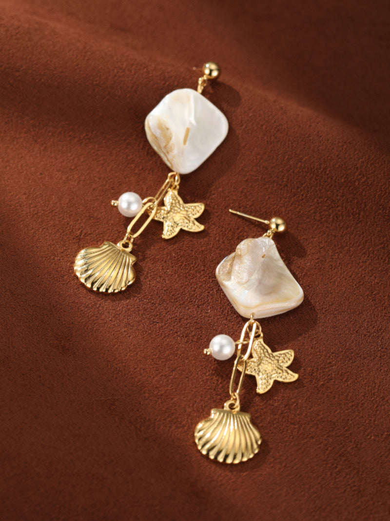 Coastal Allure - Freshwater Pearl & Mother of Pearl Seashell Star Dangle Earrings