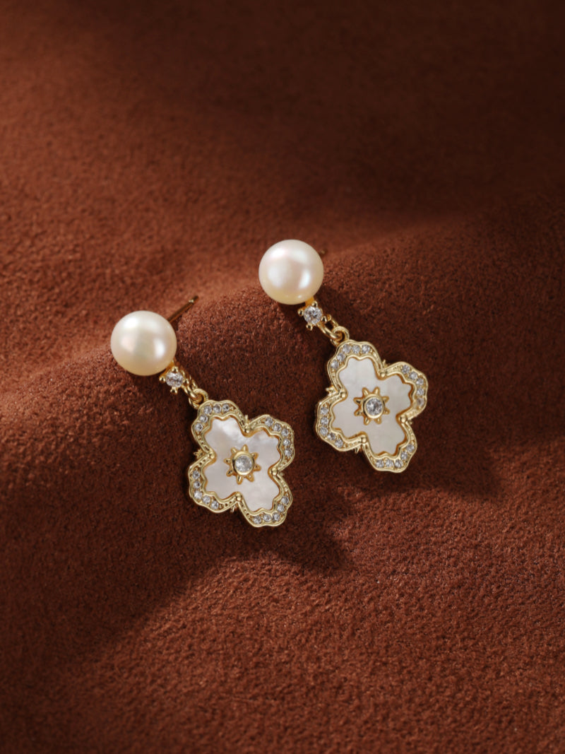 Aethel - Freshwater Pearl Cross Drop Stud Earrings