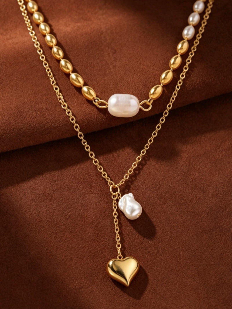 Gilded Muse - Freshwater Pearl Heart Layered Chain Necklace