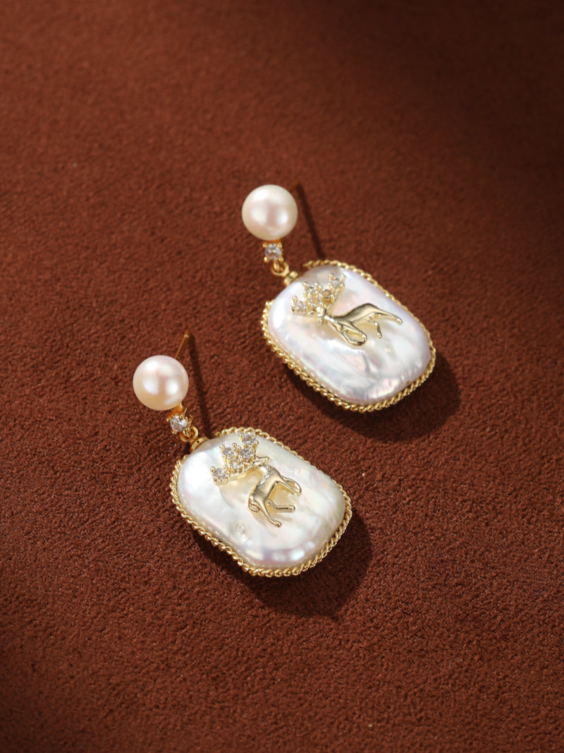 Wild Grace - Freshwater Pearl Deer Drop Stud Earrings