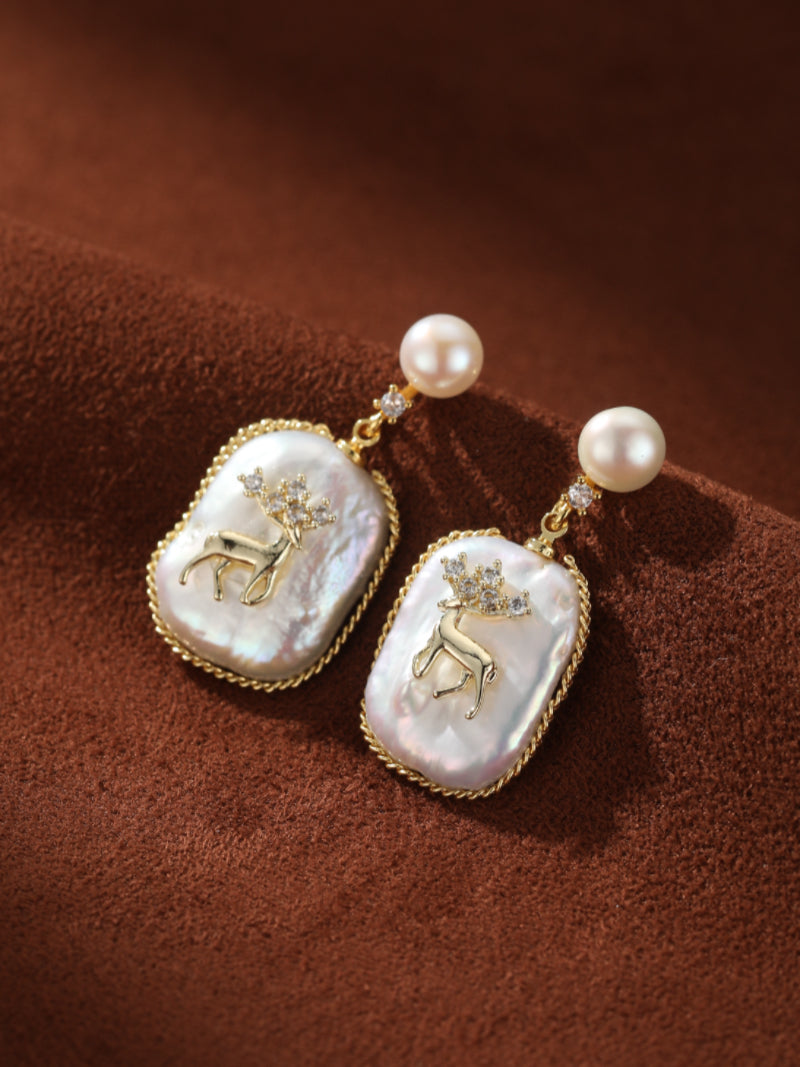 Wild Grace - Freshwater Pearl Deer Drop Stud Earrings