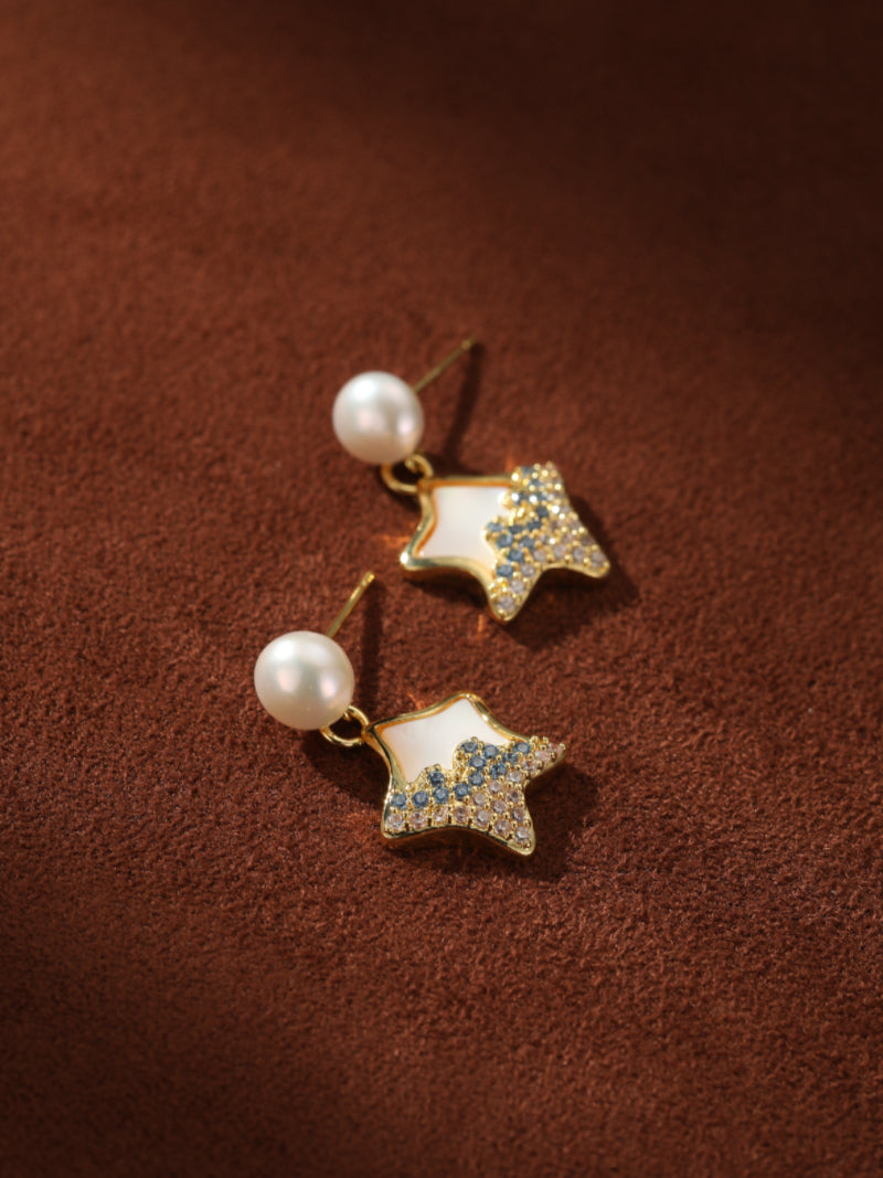 Starlight - Freshwater Pearl Star Stud Drop Earrings