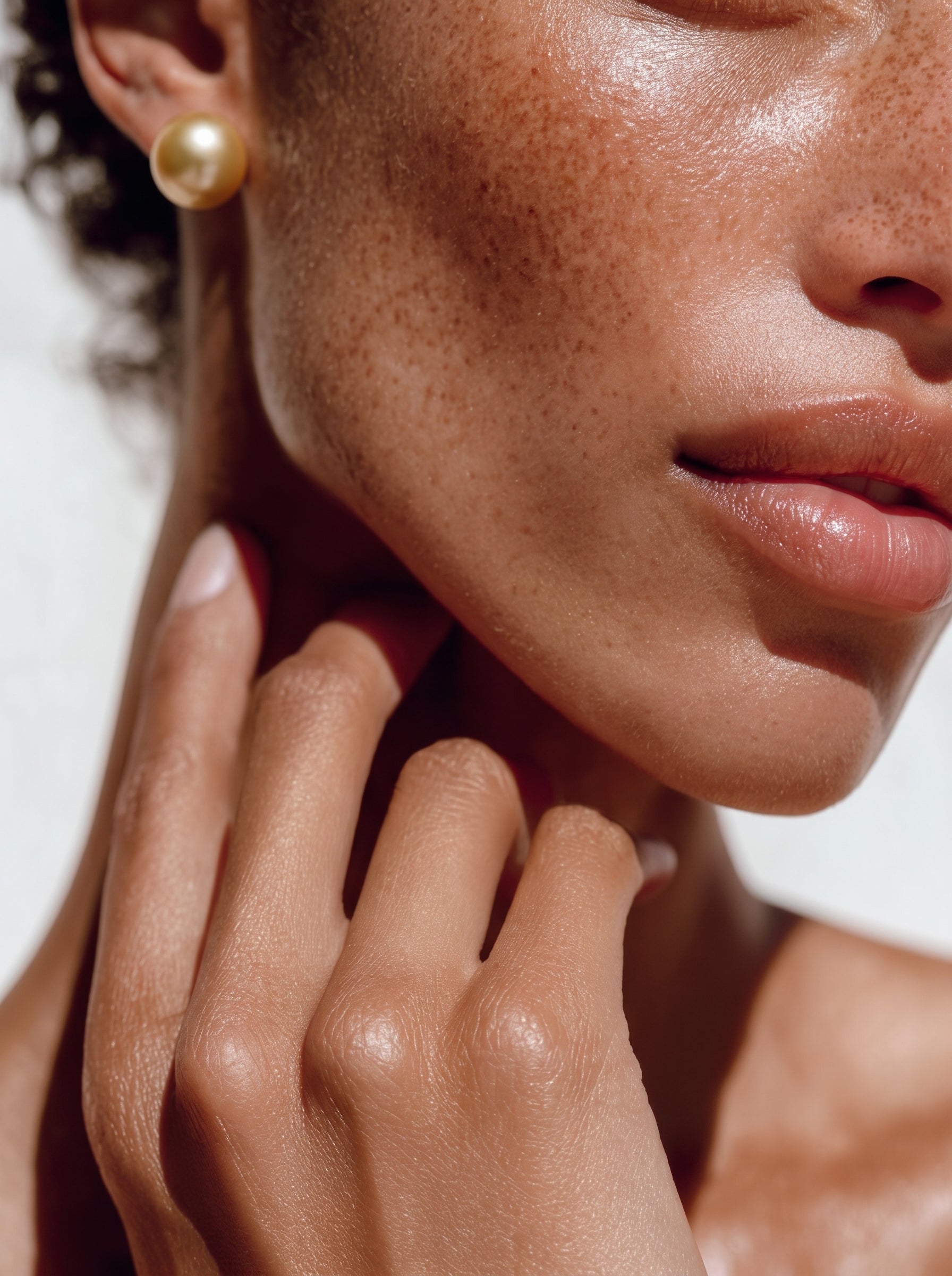 Close-up of a woman's earlobe with a lustrous golden freshwater pearl stud earring. The earring is round and has a smooth, radiant surface. @model