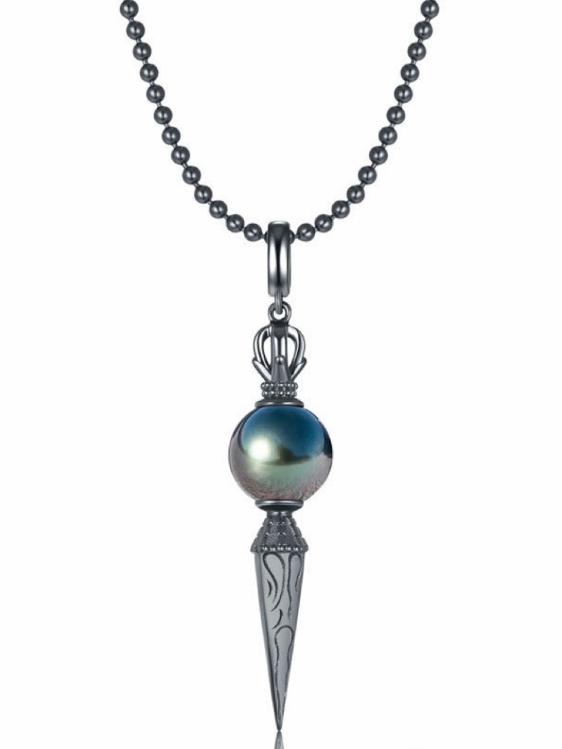 Amulet - Tahitian Pearl Phurba Large Drop Necklace featuring a lustrous round black Tahitian pearl suspended above a detailed Phurba pendant on a silver ball chain.