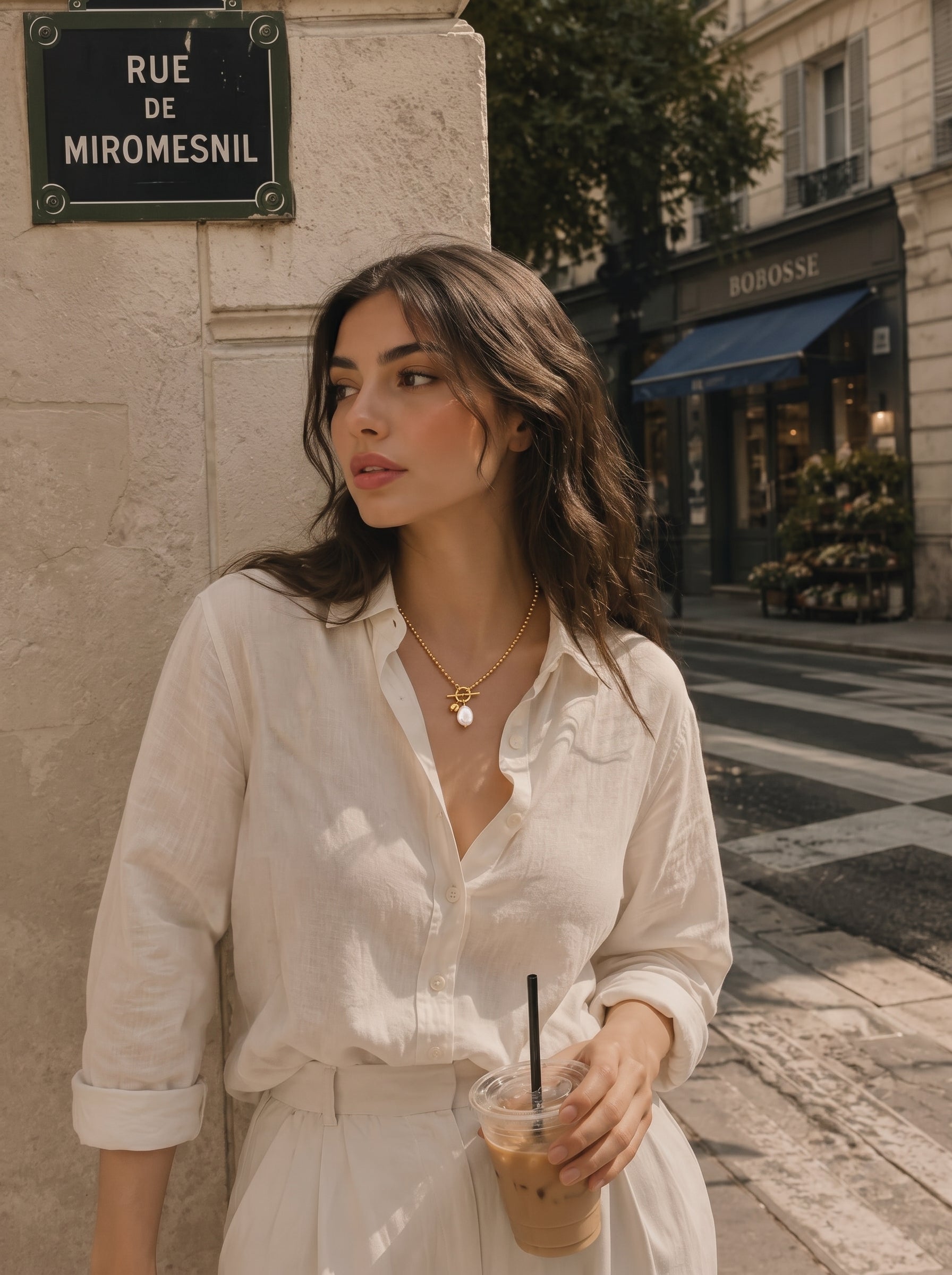 A woman in a white linen shirt and pants stands on a Parisian street, holding an iced coffee and wearing the Anchor Freshwater Pearl Chunky Pendant Necklace with a gold ball chain and toggle clasp. @lifestyle