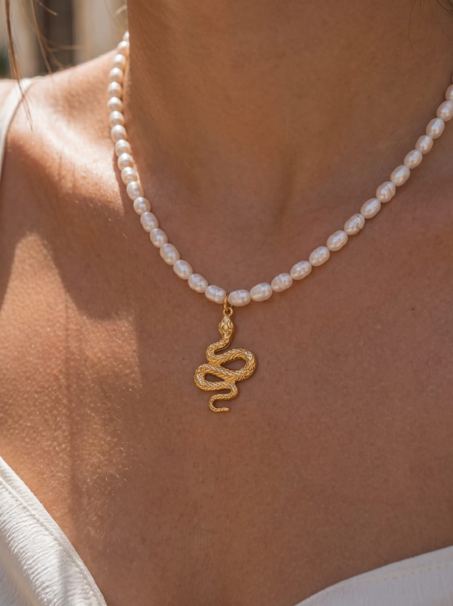 Gros plan d'un collier pendentif serpent ton or avec un fil de perles blanches d'eau douce, porté par une personne. @model