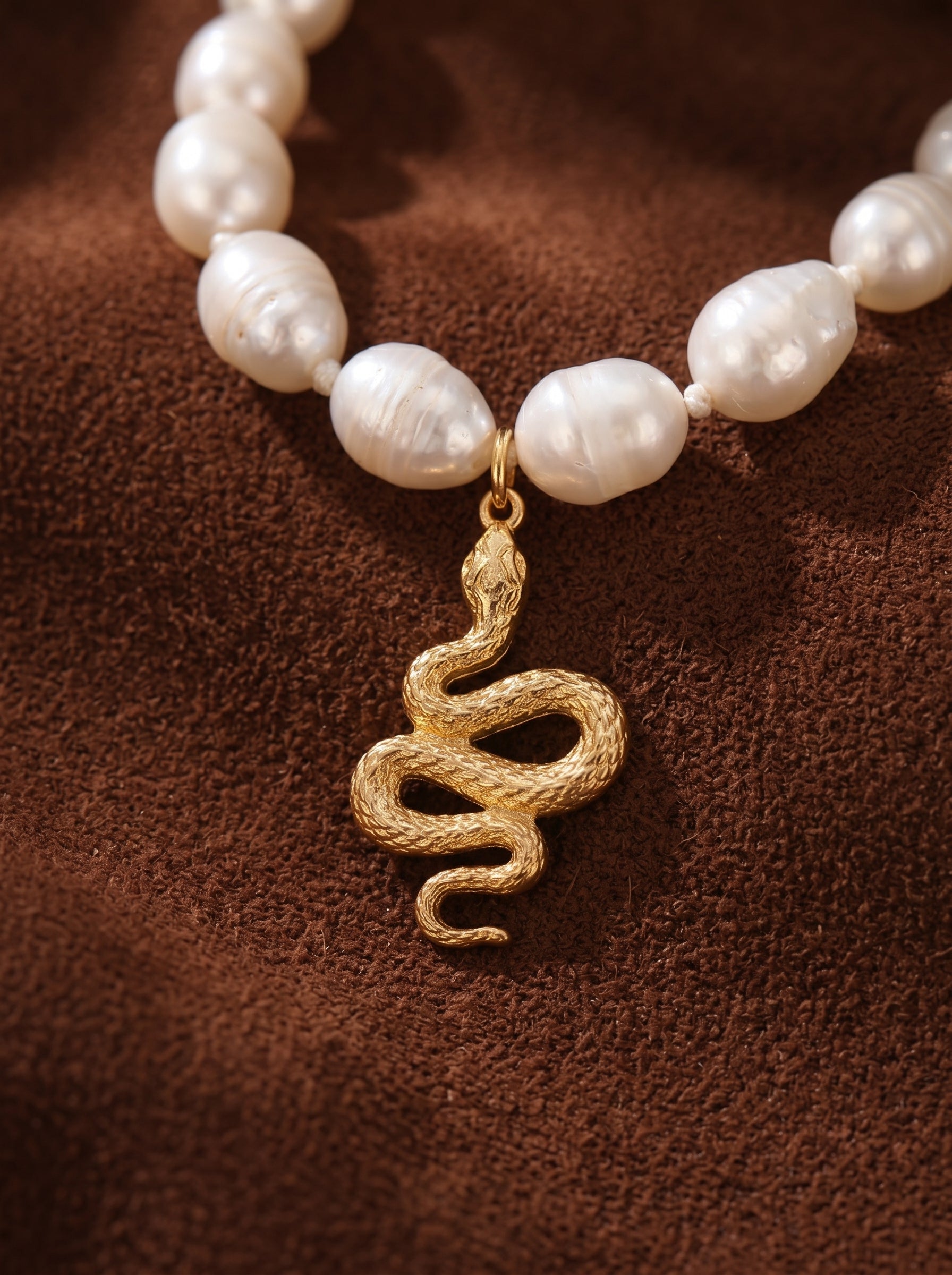Photo en gros plan d'un collier pendentif serpent ton or avec un fil de perles blanches irrégulières d'eau douce sur fond texturé marron. @pearl