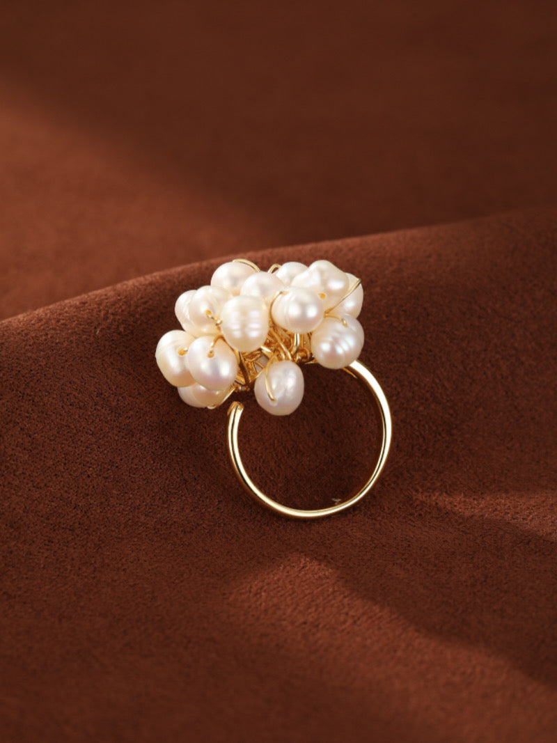 Caprice Freshwater Pearl Beaded Ring featuring a cluster of 3mm baroque white pearls on a gold band.