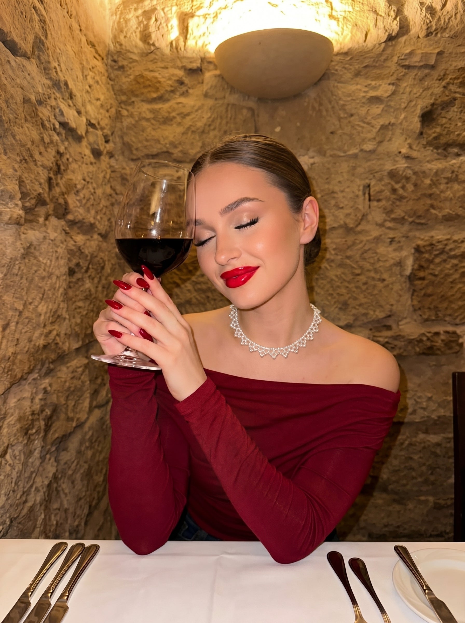 Une femme au rouge à lèvres rouge et aux ongles assortis porte le collier ras-de-cou tissé Cipher en perle d'eau douce avec un haut dénudé bordeaux, tenant un verre de vin rouge lors d'un dîner aux chandelles. @lifestyle