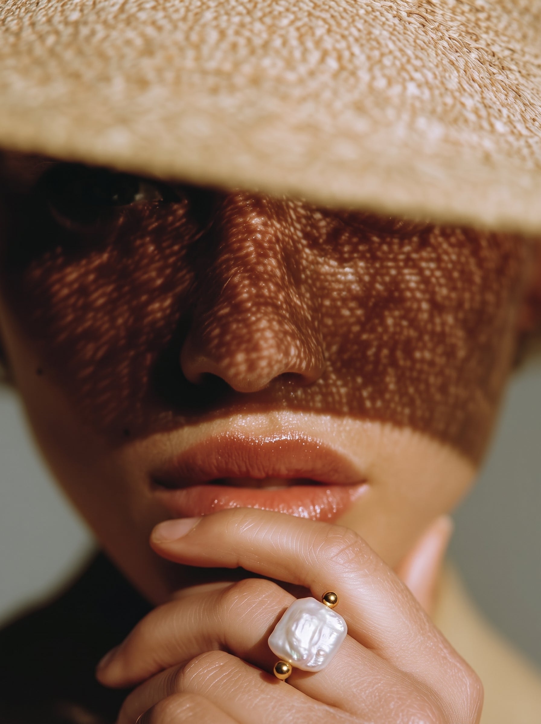 A close-up shot of a woman wearing a gold-toned cuff ring with a large, irregular white freshwater pearl and two small gold beads. The woman is wearing a straw hat that casts a patterned shadow across her face. @model