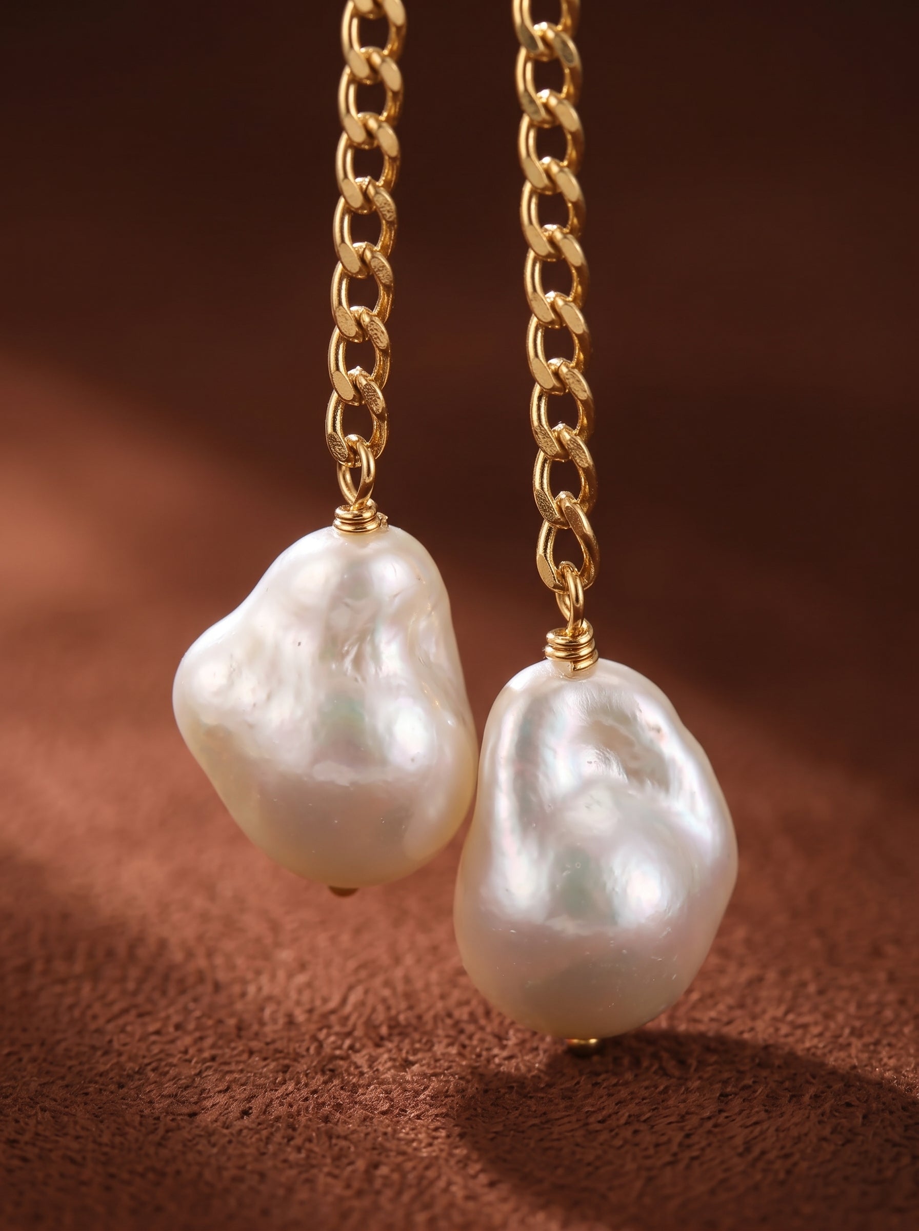 A close-up of the Desire Imitation Pearl Long Pendant Necklace featuring two large, irregular white Baroque imitation pearls dangling from a gold-toned curb chain. @pearl