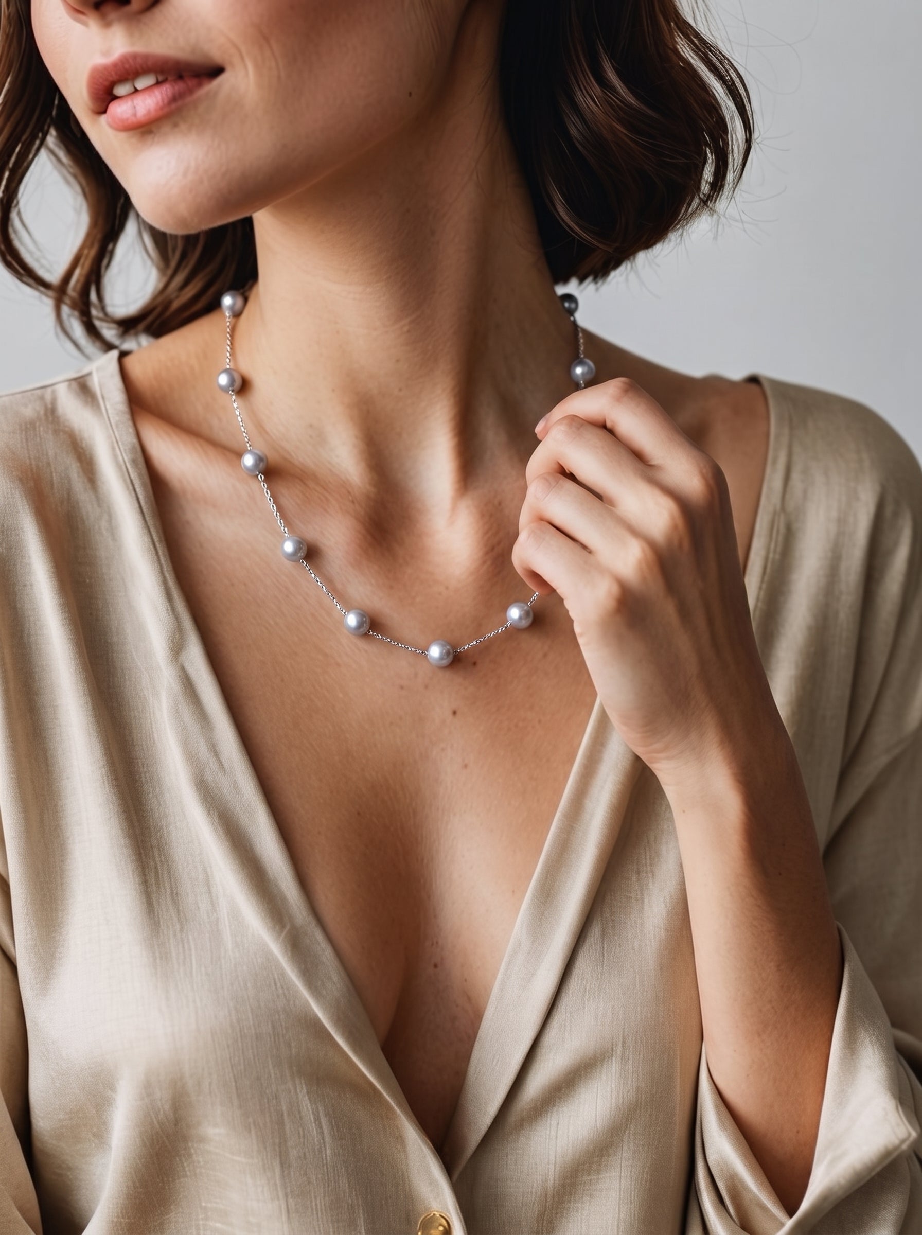 A woman wearing a beige blouse and the Enigma Akoya Pearl Spaced Choker Necklace, featuring evenly spaced lustrous pearls on a delicate silver chain. @lifestyle