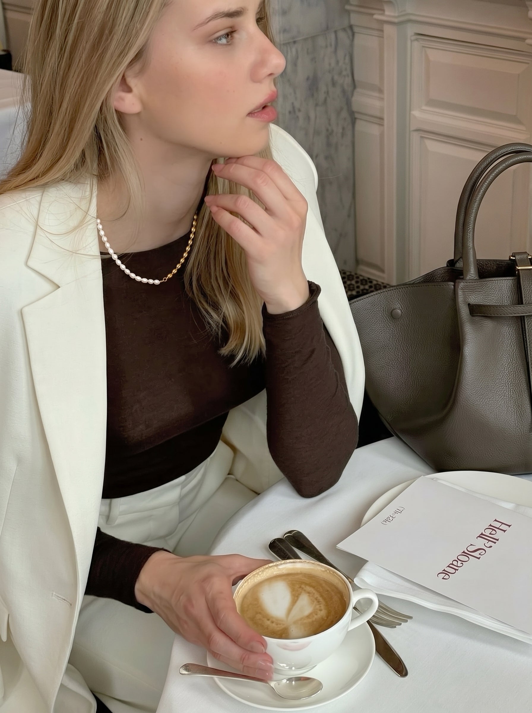 Woman wearing the Equilibrium Freshwater Pearl Split Chain Necklace with half white pearls and half gold chain, sitting at a cafe table with a coffee and a dark brown handbag, @lifestyle