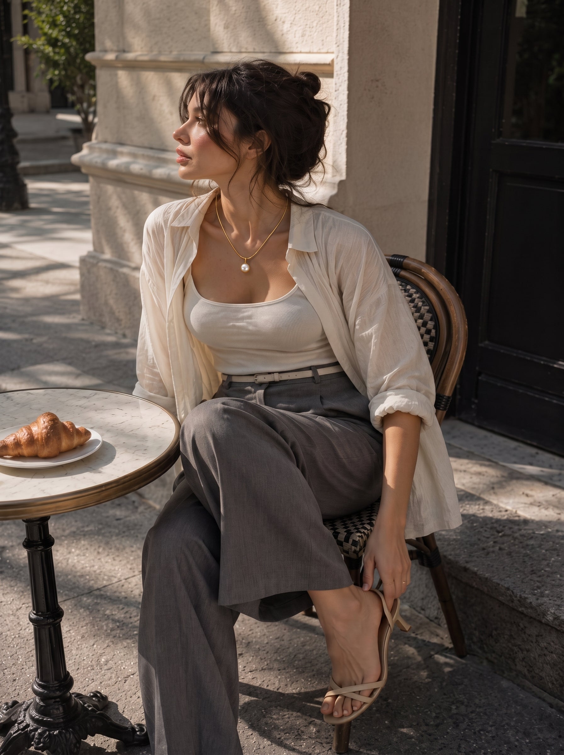 A woman wearing the Glimpse Freshwater Pearl Pendant Necklace sits at an outdoor cafe table with a croissant, enjoying a sunny day. @lifestyle