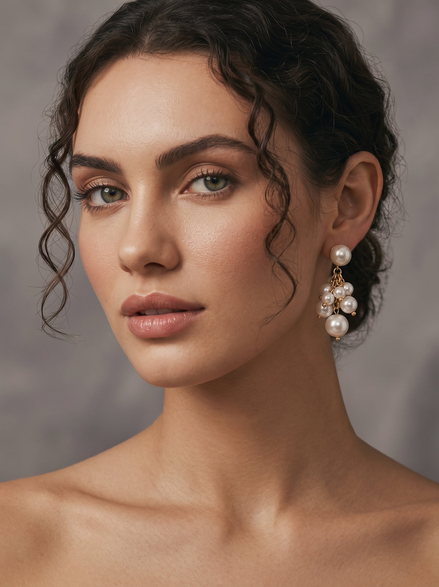 Une mannequin porte les boucles d'oreilles pendantes en grappe Glow Orb en perle d'eau douce, présentant une base puce avec une grande perle et une grappe pendante de plus petites perles sur une chaîne dorée. @model