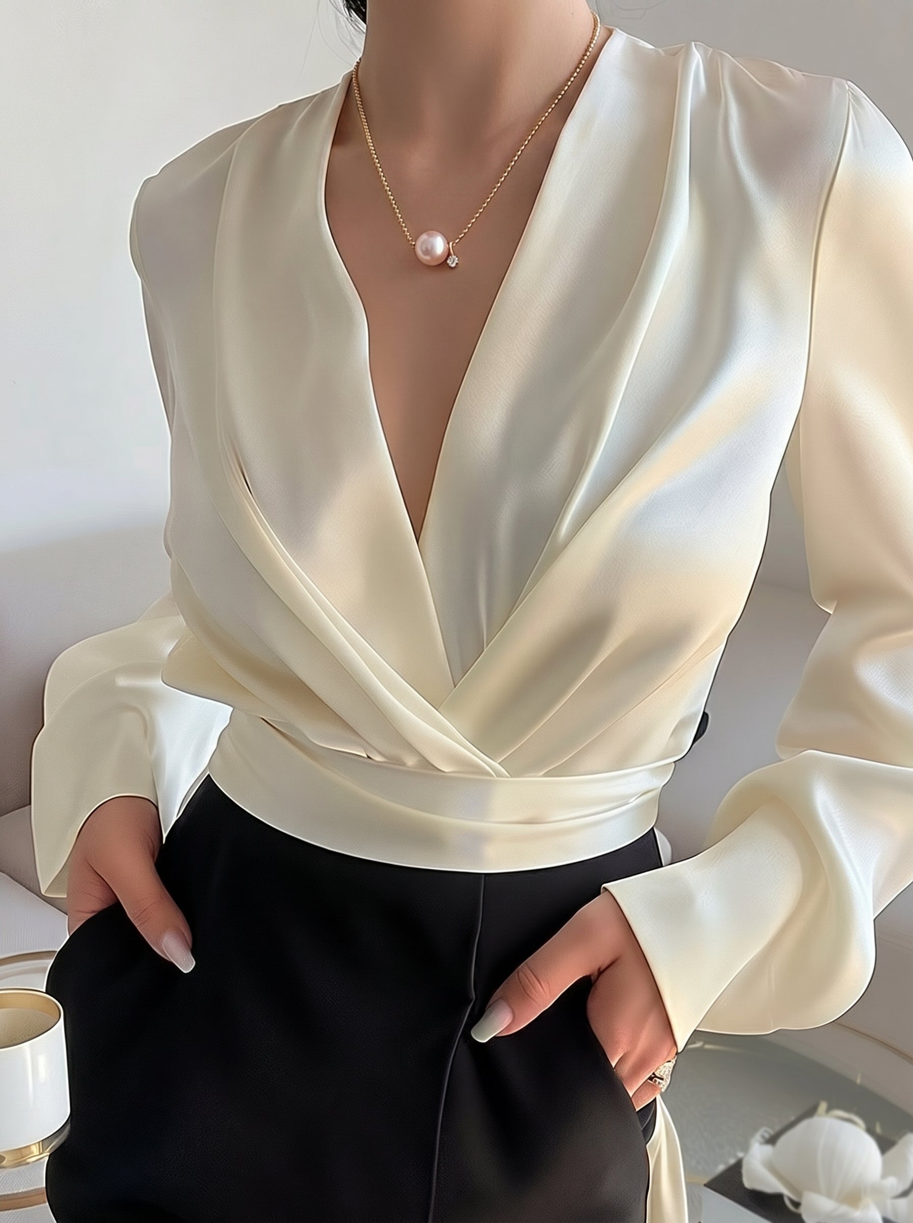 A woman wearing a cream wrap top and black pants, adorned with a delicate gold necklace featuring a floating Akoya pearl and a small diamond star accent. The necklace rests elegantly at the collarbone. @lifestyle #lifestyle