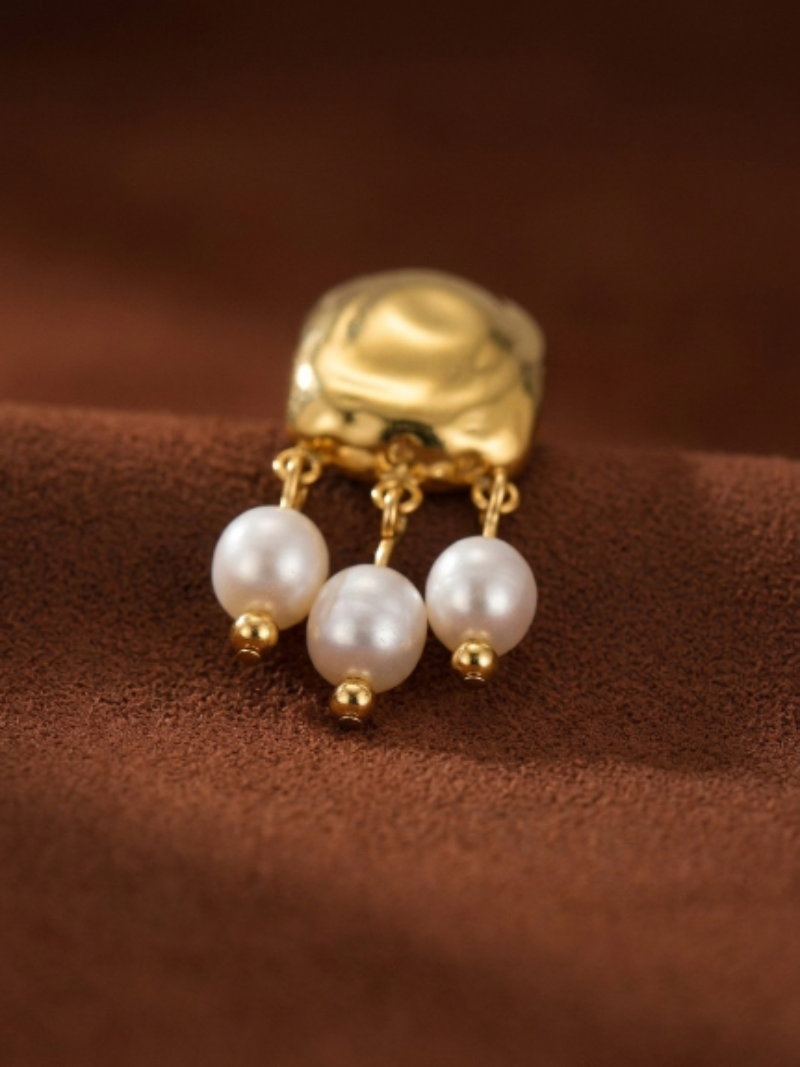 Harvest - Freshwater Pearl Drop Earrings with hammered gold top and three dangling white freshwater seed pearls