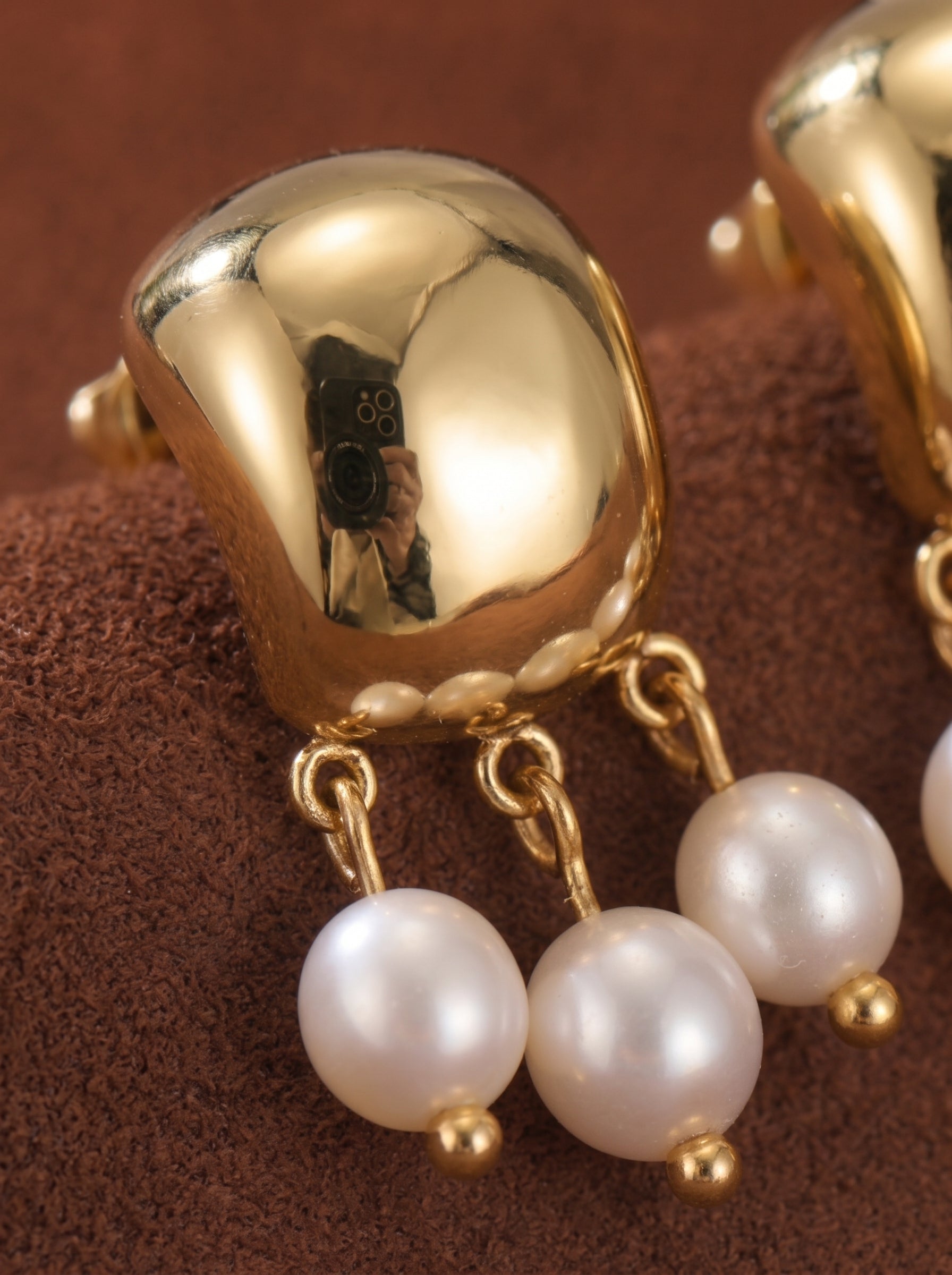 Harvest - Freshwater Pearl Drop Earrings with a hammered gold top and three 3mm white freshwater seed pearls dangling from gold chains. @pearl