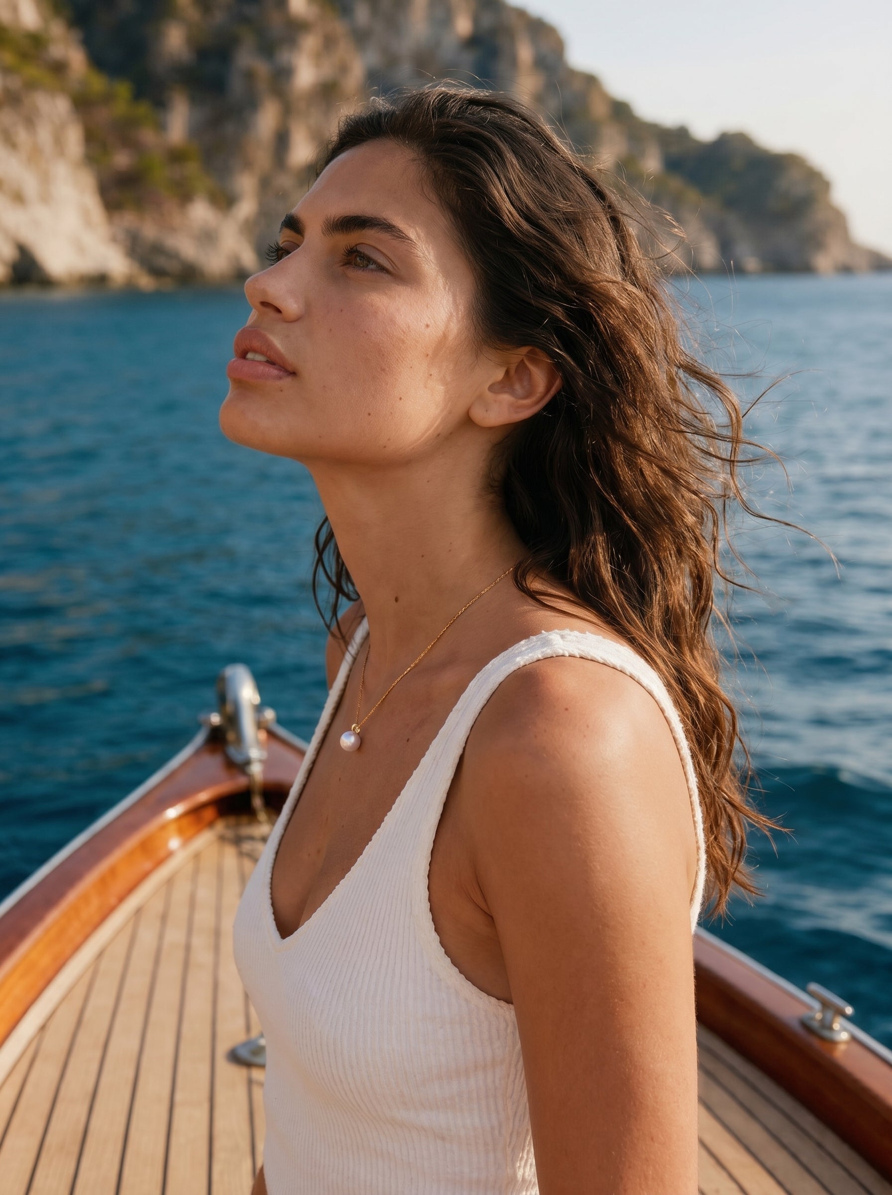 Une femme portant un maillot de bain côtelé blanc et un délicat collier doré présentant un seul et lumineux pendentif en perle Akoya, sur un bateau avec l'océan et des falaises en arrière-plan. @lifestyle