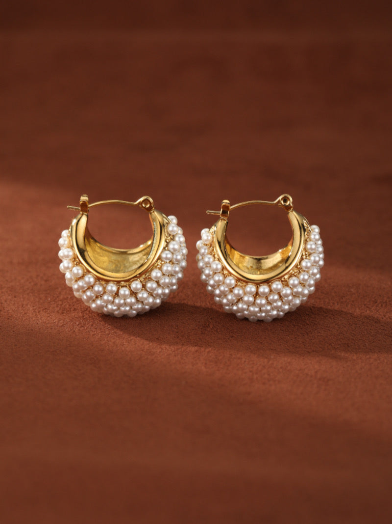 Lush - Freshwater Pearl Hoop Earrings, contemporary gold hoop earrings adorned with dense rows of small white freshwater pearls.