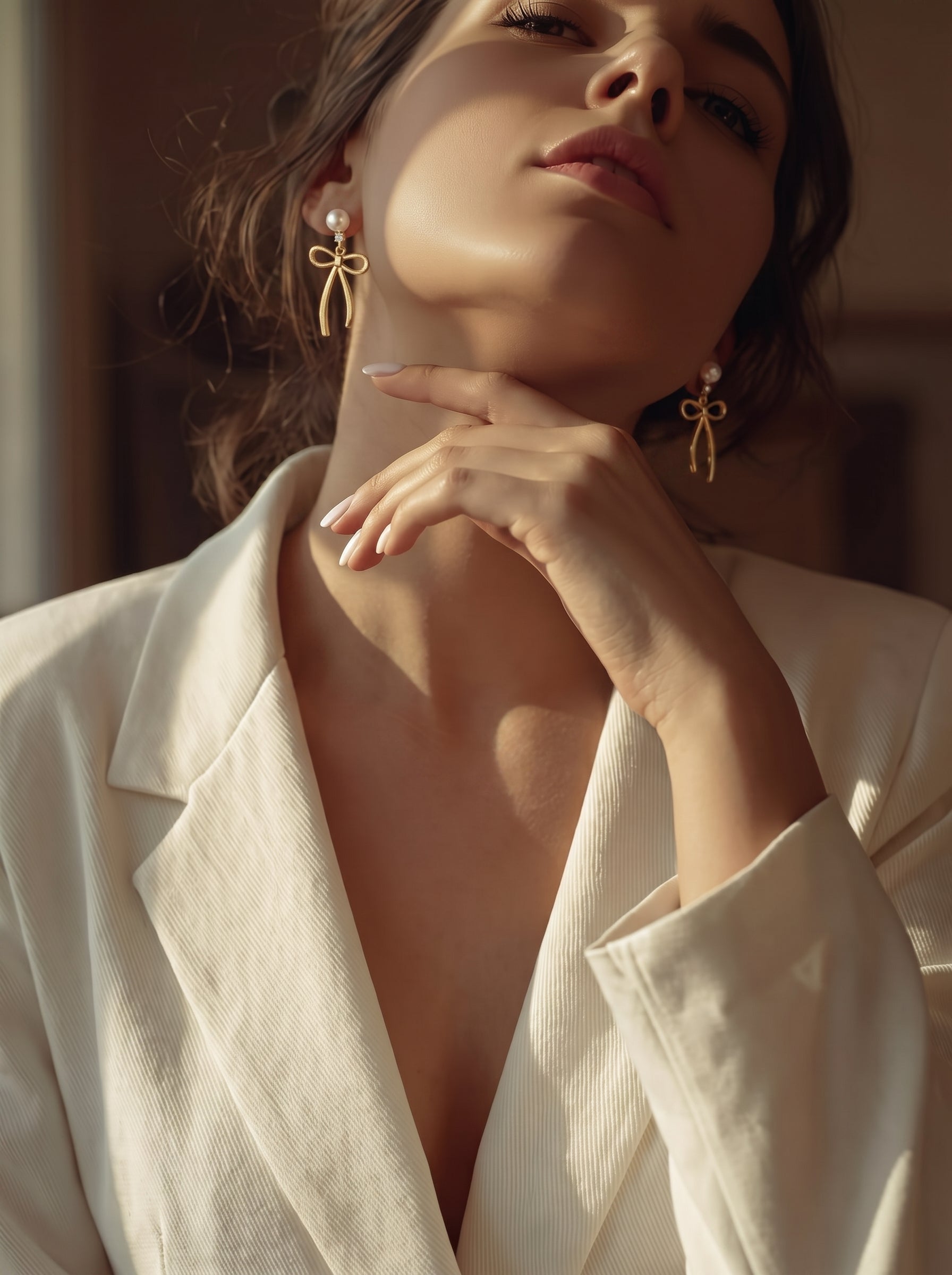 Close-up of a woman wearing a white blazer and Lustre Bow Freshwater Pearl Bow Drop Earrings, with sunlight casting shadows on her face and neck. @lifestyle