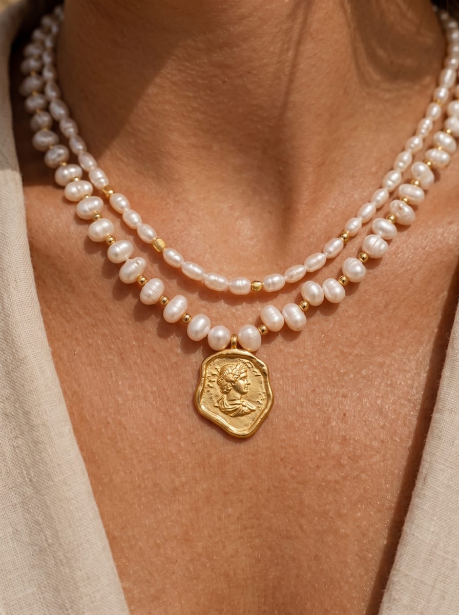 Deux rangs de perles blanches d'eau douce accentués de petites perles dorées, présentant un pendentif pièce doré avec le profil d'une femme, porté par une mannequin. @model
