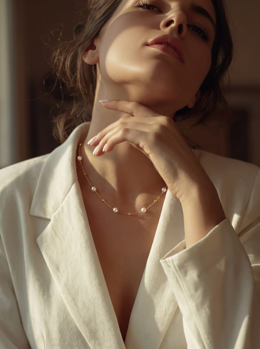 Une femme portant le collier Seraph, une délicate chaîne ton or avec des perles roses flottantes d'eau douce et de minuscules perles dorées, par-dessus un blazer blanc. Le collier est stylisé de manière à suggérer un look sophistiqué et radieux, capturant un moment lifestyle. @lifestyle