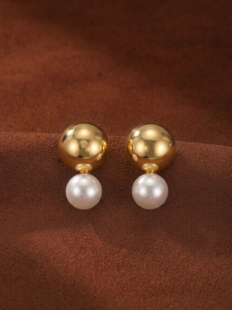 Sphere stud earrings featuring a polished gold-toned sphere above a lustrous 10mm white freshwater pearl.
