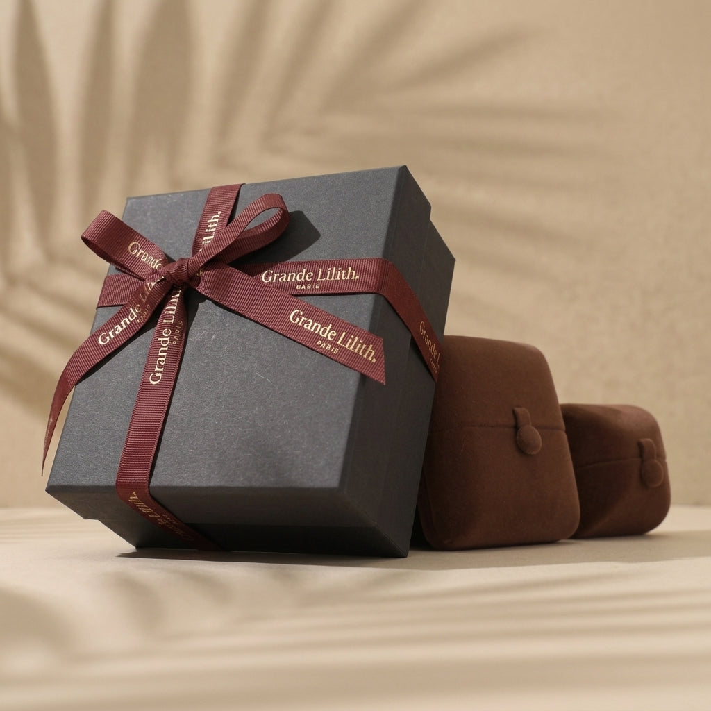 A dark grey gift box tied with a burgundy ribbon featuring the "Grande Lilith Paris" logo, with two small brown velvet ring boxes in the background. @shared
