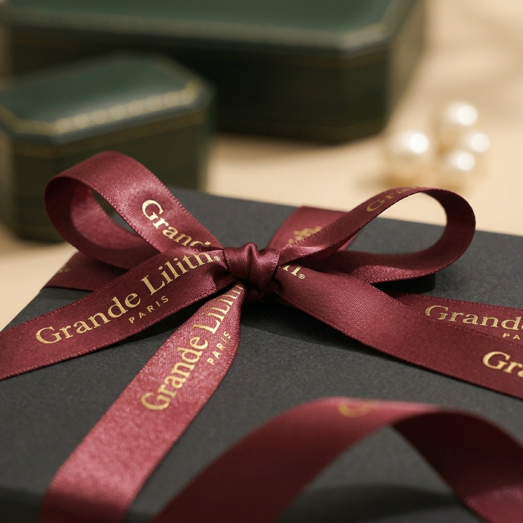 A deep green vintage jewel box with a push-button clasp and velvet-lined interior, presented with a burgundy ribbon tied in a bow over a dark gray box. The ribbon is printed with gold lettering that reads 'Grande Lilith Paris'.