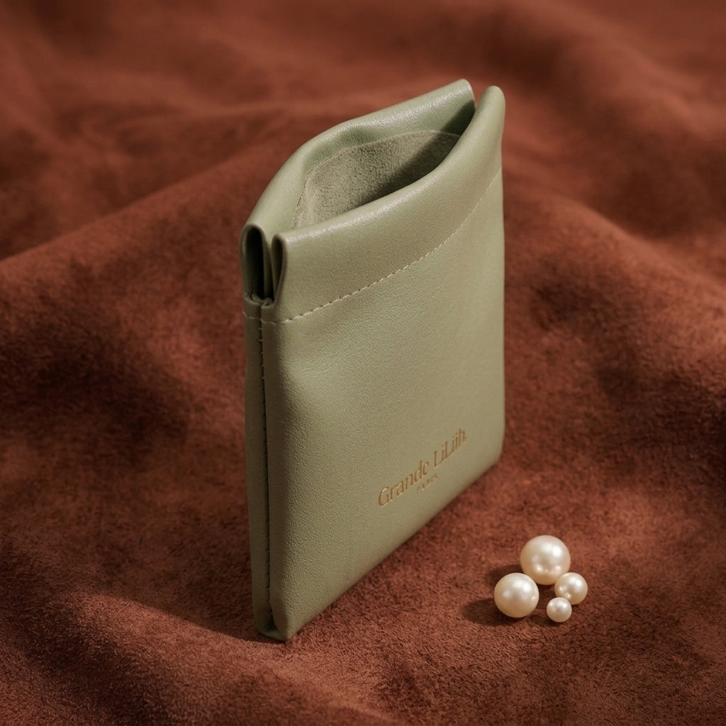 A soft, sage green magnetic pochette with a gold logo sits on a brown textured surface next to a few pearls.