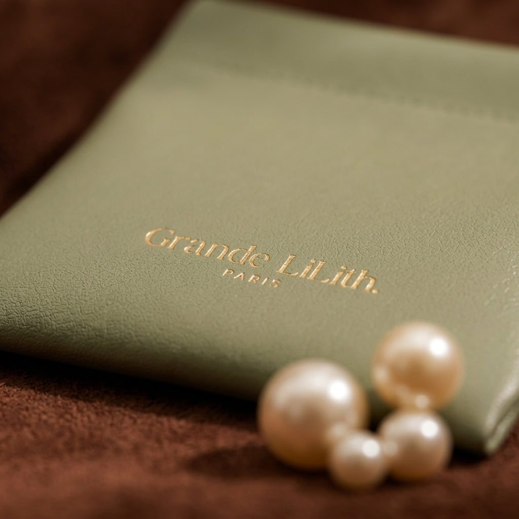 The Magnetic Pochette in sage green with "Grande Lilith. PARIS" embossed in gold, next to a cluster of pearls.