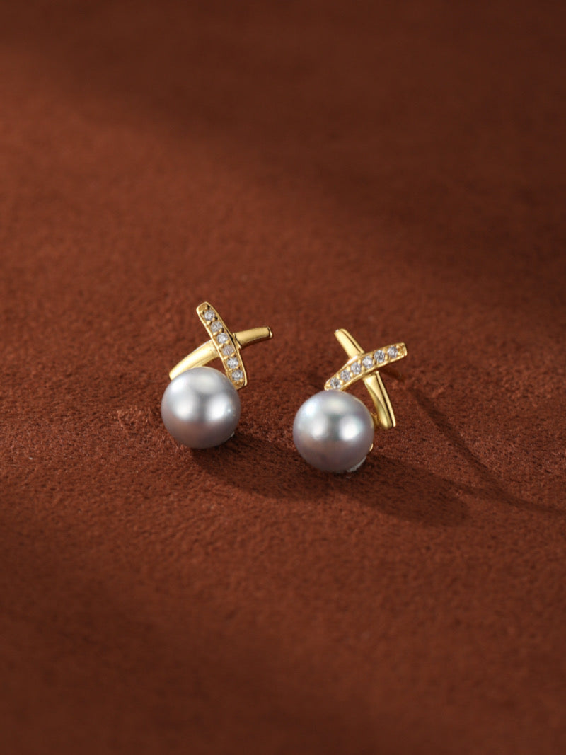 Veritas Akoya Pearl Cross Stud Earrings with pave crystals and lustrous grey pearls set in gold-tone metal.